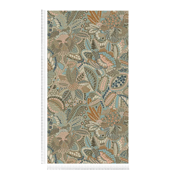 Tapetes ar ziedu un lapam un smalku faktūru | zila, pelēka, roza AS Creation