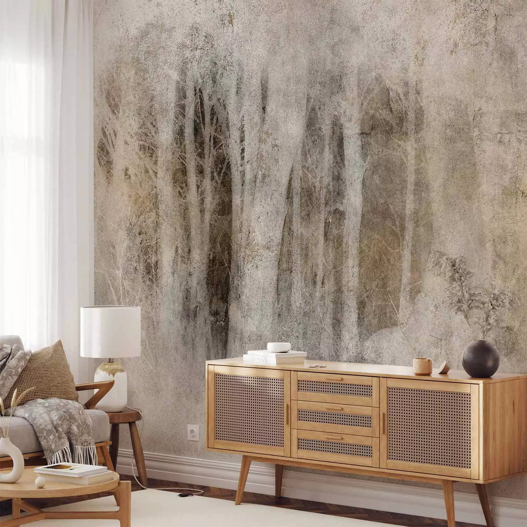 Wall Murals - Bright tree trunks at dark depth: Sepija, 148812