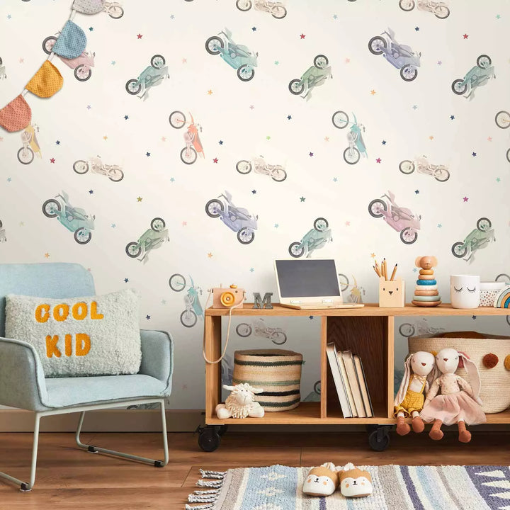 Valokuvatapetti - Värilliset moottoripyörät ja tähdet vaalealla taustalla, 149202