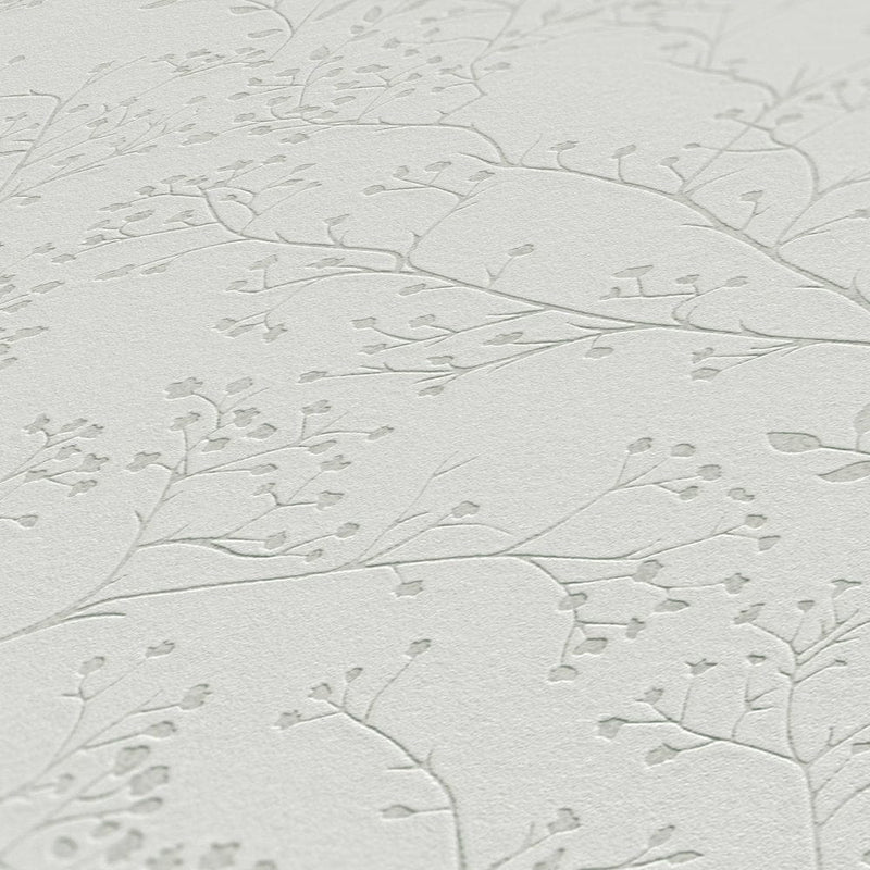 Pelēkas tapetes ar lapu rakstu, spīduma un tekstūras efektu, 1350114 Tapetenshop.lv