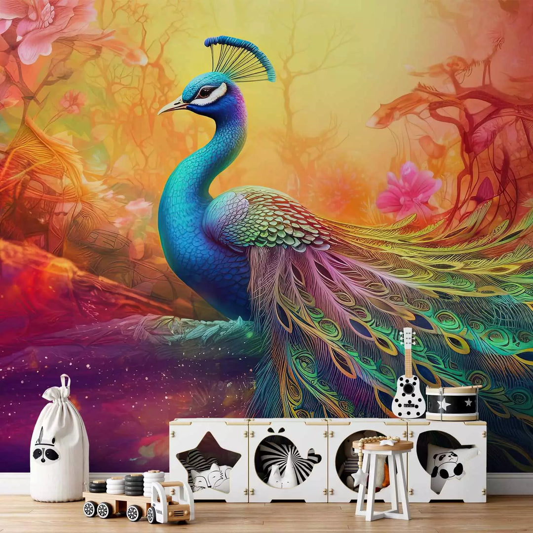 Fototapetes - Pāvs uz daudzkrāsaina ziedu fona, 150667