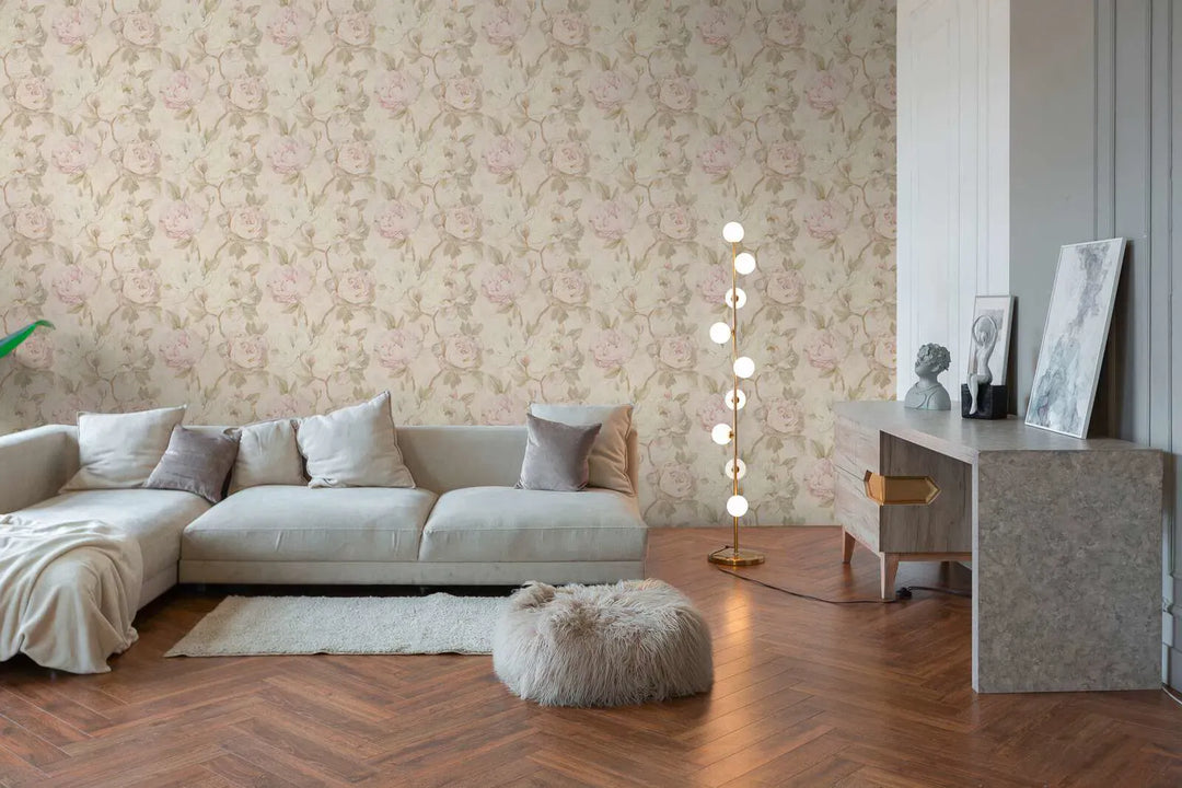 Romantiskas  tapetes ar rožu motīvu - krēmkrāsas, zaļas, rozā, 3012167 AS Creation