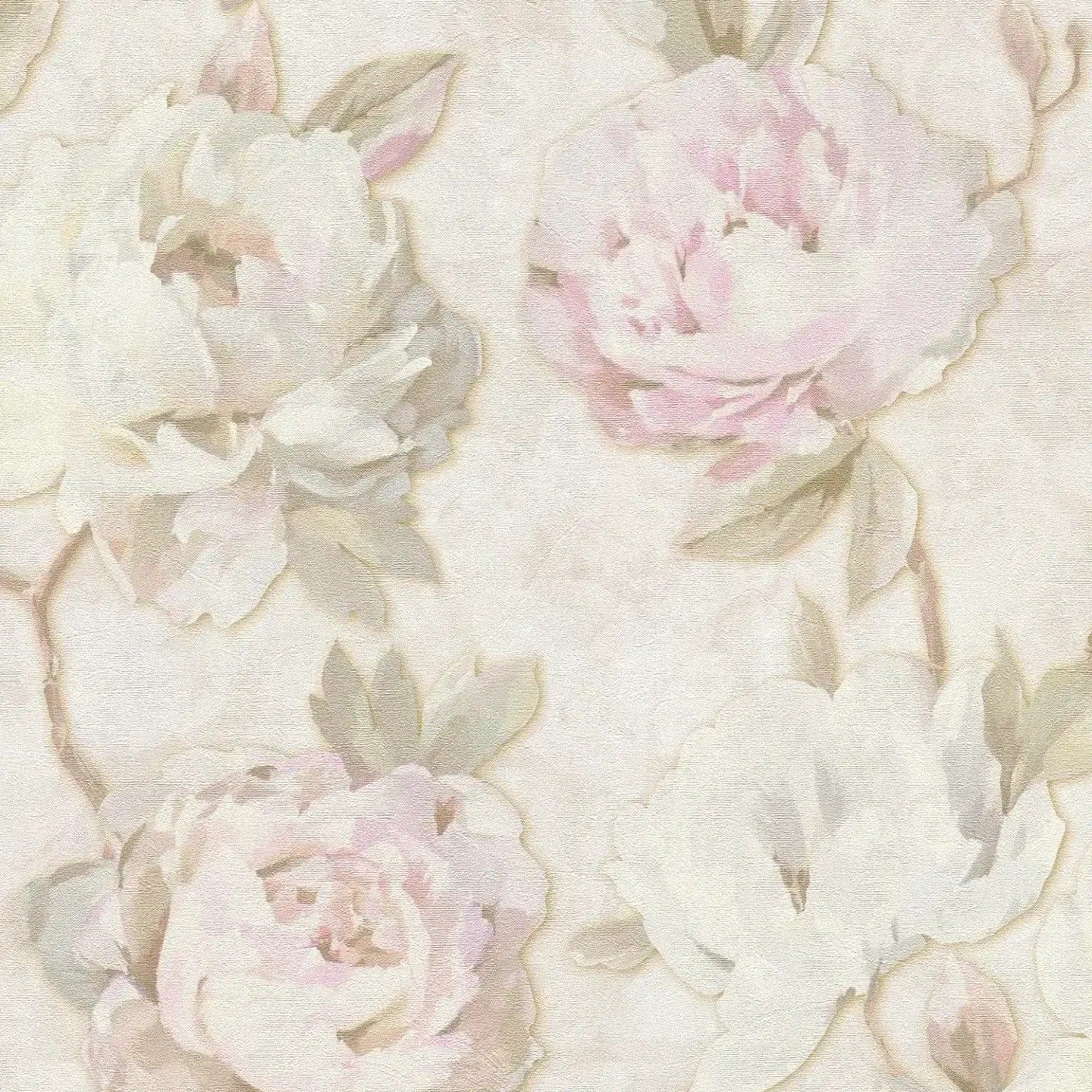 Detalizēts skats: krēmkrāsas un rozā tapetes ar rožu motīvu un reljefu. SKU: 3012167, AS Creation.