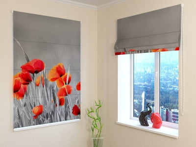 Roman blinds with a ramp - red poppones on a gray background on walletenshop.lv