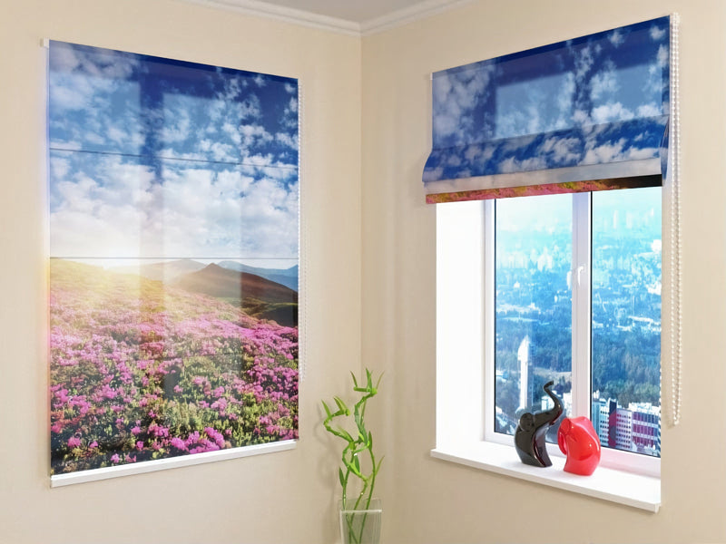 Roman blinds, curtains with print - nature - flowers and mountain wallpapershop.lv