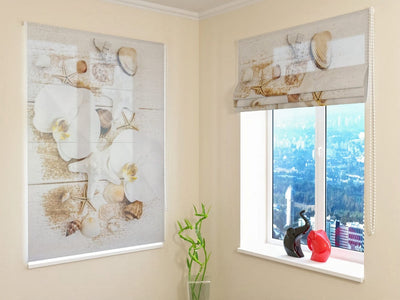 Roman blinds with flowers - white orchids in marine style - order walletershop.lv