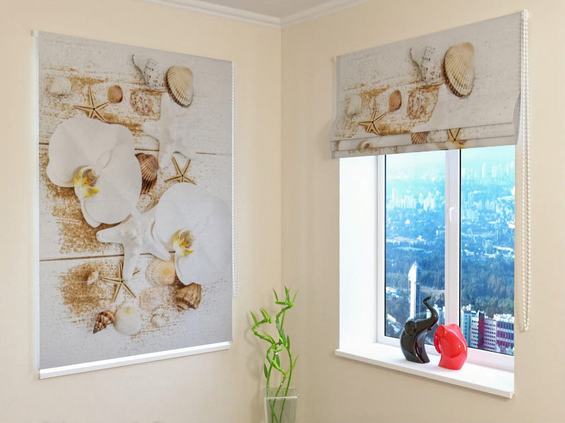 Roman blinds with flowers - white orchids in marine style - order walletershop.lv