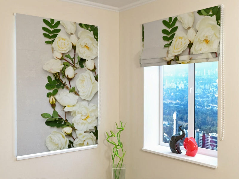 Roman blinds - elegant white roses on a gray background - buy a wallpaper.lv