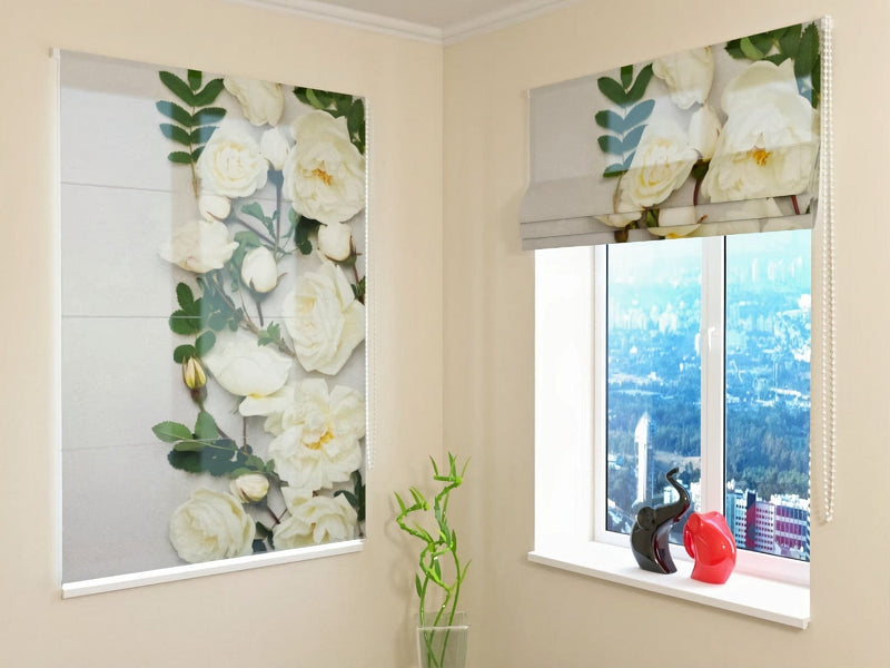 Roman blinds - elegant white roses on a gray background - buy a wallpaper.lv