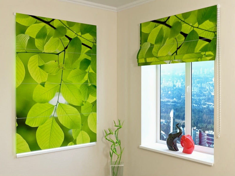 Roman blinds - spring twig with green leaves - fresh greenapetenshop.lv