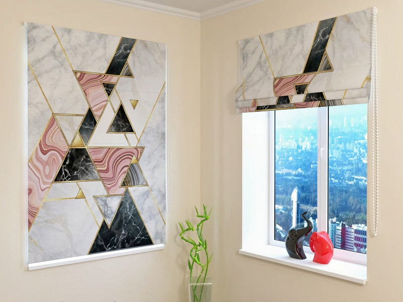 Roman blinds with geometric figures - pink marble mosaic Tapetenshop.lv