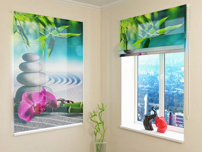 Roman blinds with Eastern theme- pink orchids at Zen Garden Tapetenshop.lv