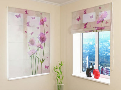 Romantic blinds in size - wild flowers and pink butterflies on walletenshop.lv