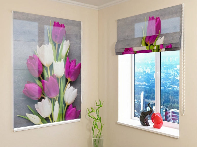 Blinds with spring mood - purple and white tulips on Tapetenshop.lv