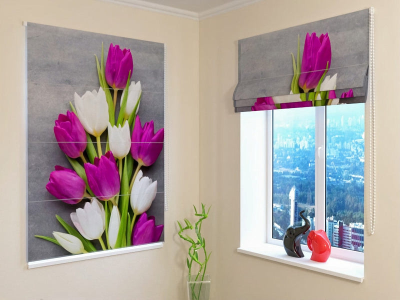 Violet and white tulips - blinds with a spring mood Tapetenshop.lv