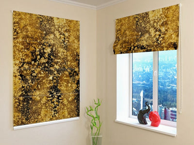 Roman blinds with abstract article - gold flakes on black wallpaper.lv