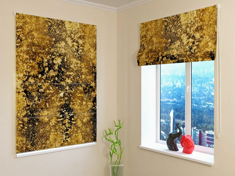 Roman blinds with abstract article - gold flakes on black wallpaper.lv