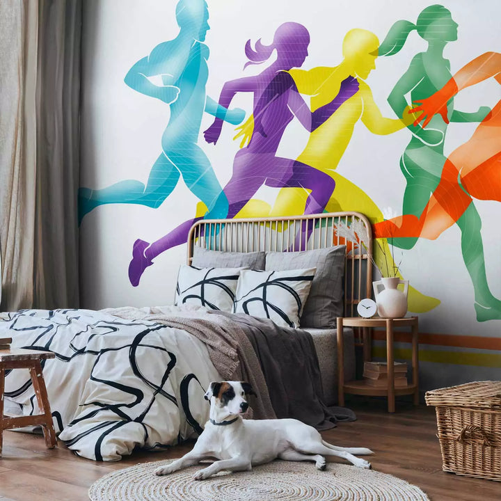 Fototapetes - Skrējošo cilvēku krāsaini silueti, 151263