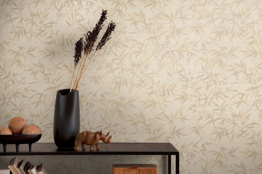 Warm sandy beige wallpaper with a bamboo leaf pattern and slight gloss, 3007677