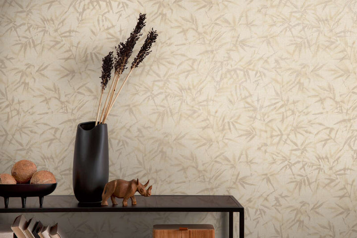 Warm sandy beige wallpaper with a bamboo leaf pattern and slight gloss, 3007677