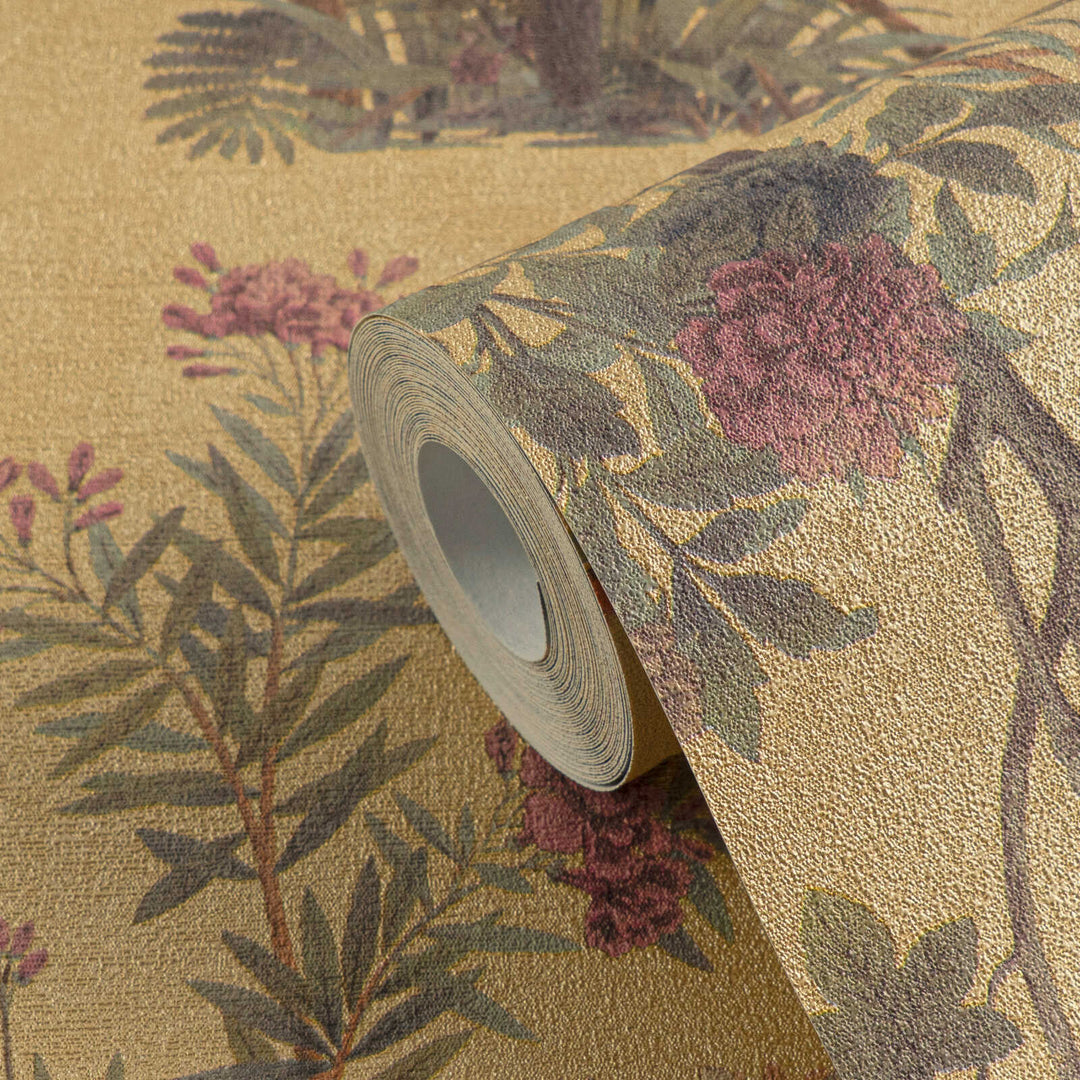 Warm golden non-woven wallpaper with a classic botanical pattern and slight gloss, 3007640
