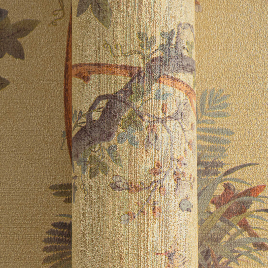 Warm golden non-woven wallpaper with a classic botanical pattern and slight gloss, 3007640