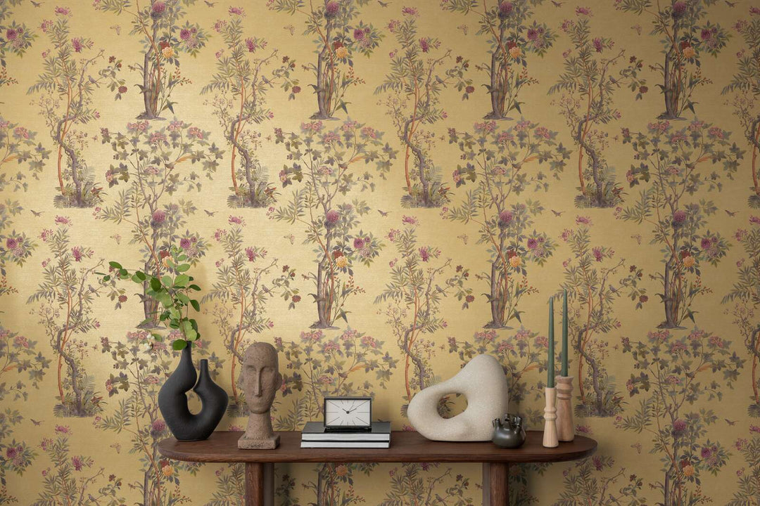 Warm golden non-woven wallpaper with a classic botanical pattern and slight gloss, 3007640