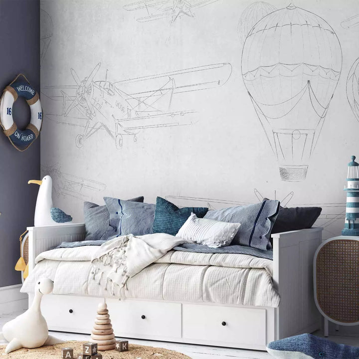 Valokuvatapetti - Luonnoksia lentokoneista ja ilmapalloista harmaalla taustalla, 150316