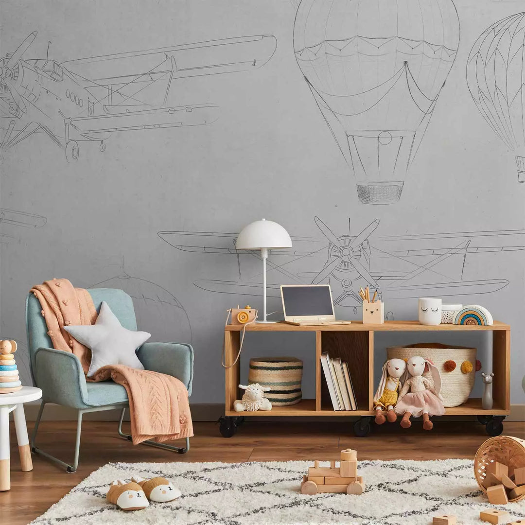 Valokuvatapetti - Luonnoksia lentokoneista ja ilmapalloista harmaalla taustalla, 150316