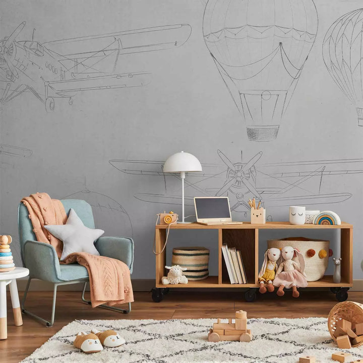 Valokuvatapetti - Luonnoksia lentokoneista ja ilmapalloista harmaalla taustalla, 150316