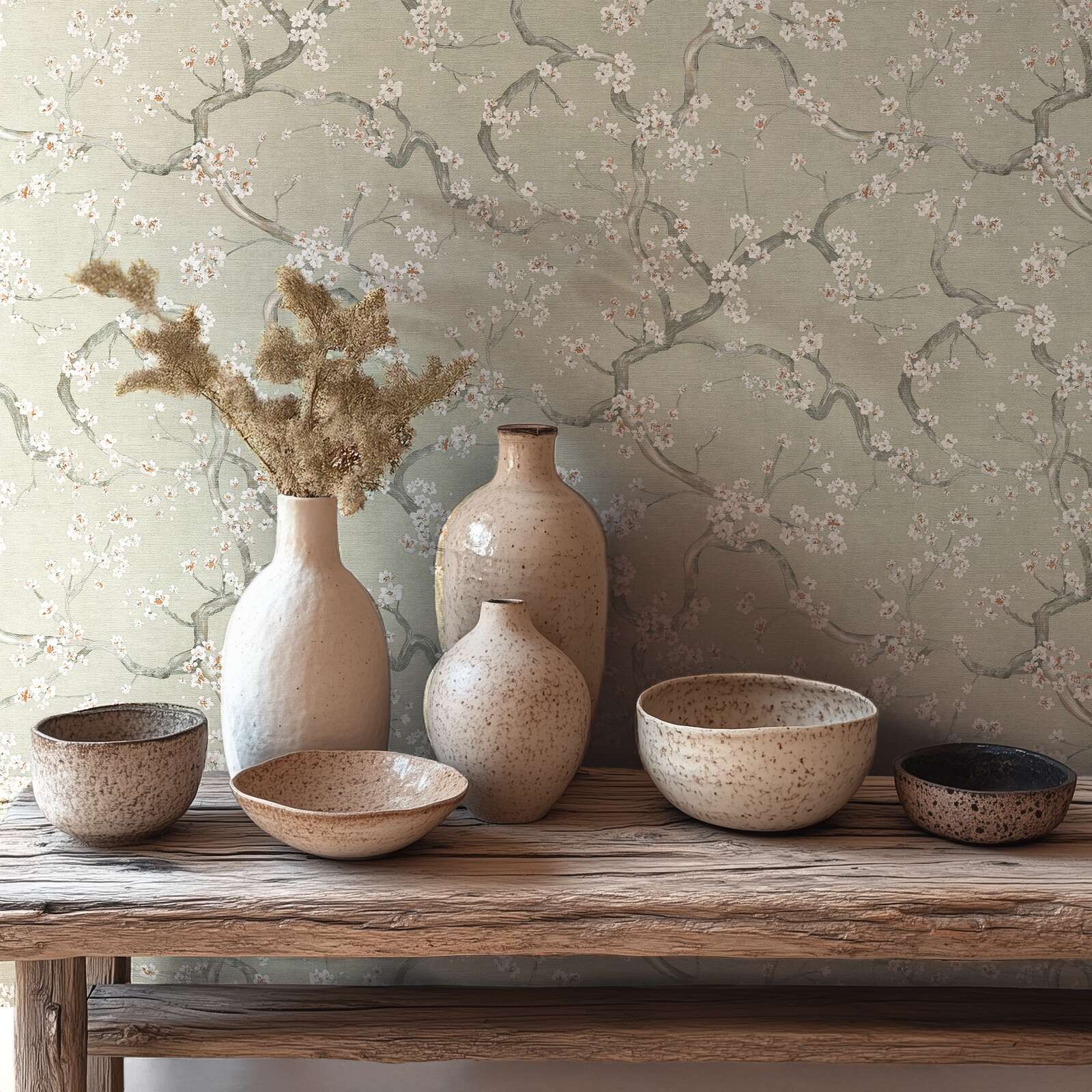 Smalki teksturētas, tapetes ar ķiršu ziedu rakstu - zaļa, pelēka, 781991 AS Creation