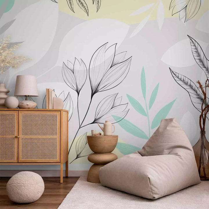 Fototapetes - Kompozīcija ar ziediem un lapām baltā un pelēkā krāsā, 138802