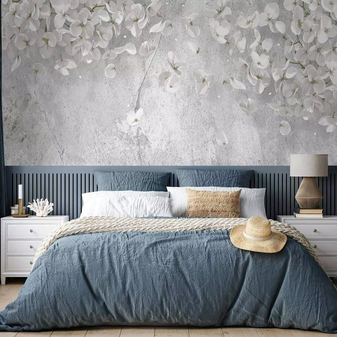 Valokuvatapetti - Valkoiset kukat betonilla, 137926