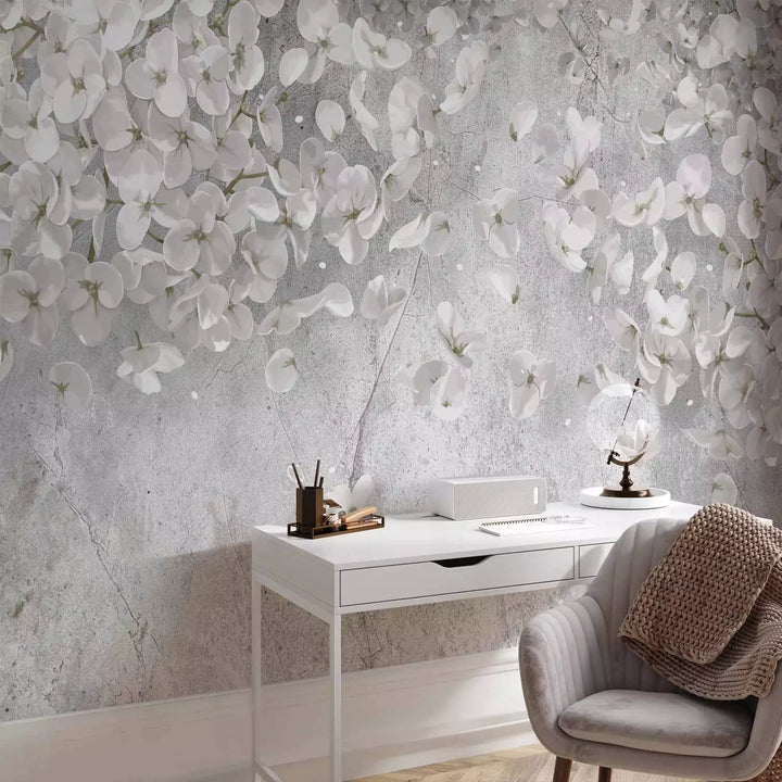 Valokuvatapetti - Valkoiset kukat betonilla, 137926