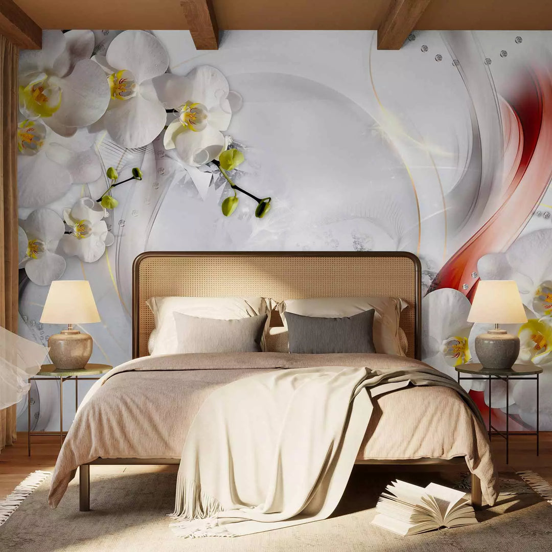 Fototapetai - gėlių kompozicija baltame fone su bangomis, 132223