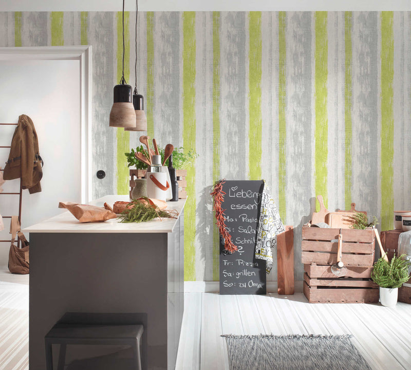 Striped wallpaper with plaster texture - gray, green, 944251 AS Creation