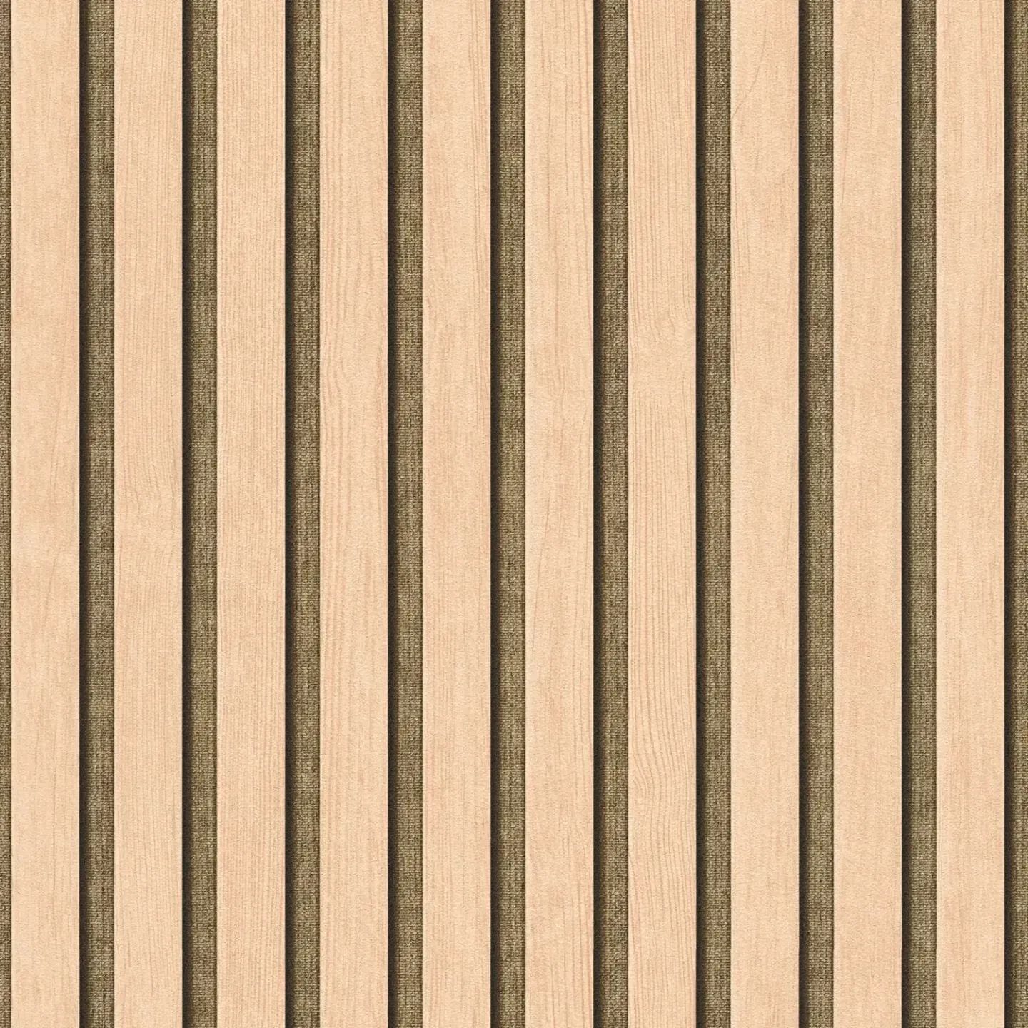 Detalizēts skats: bēšas svītrainas tapetes ar koka imitāciju un spīdumu. SKU: 3000333, AS Creation.