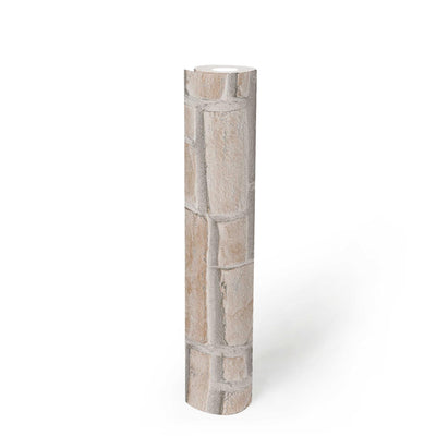 Tapetes ar 3D akmens efektu un gaišu ķieģeļu sienu - bēšas, 2415155 AS Creation