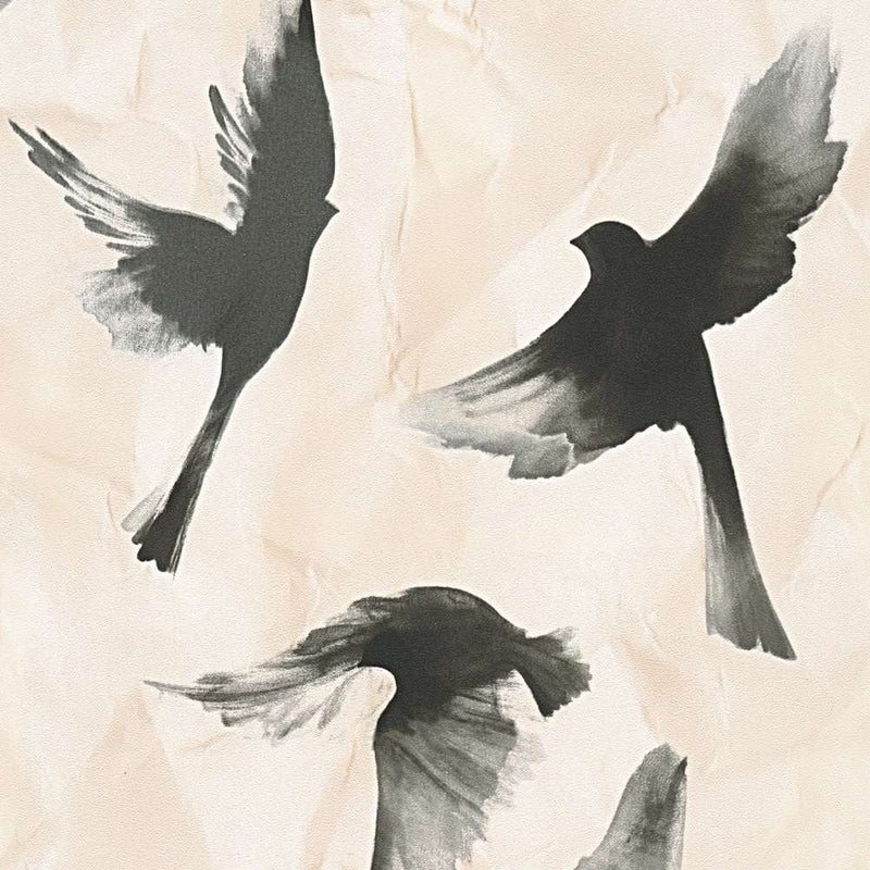 Tapetes ar abstrakta putnu dizainu un papīra izskatu, bēšā, melna, 1237633 AS Creation