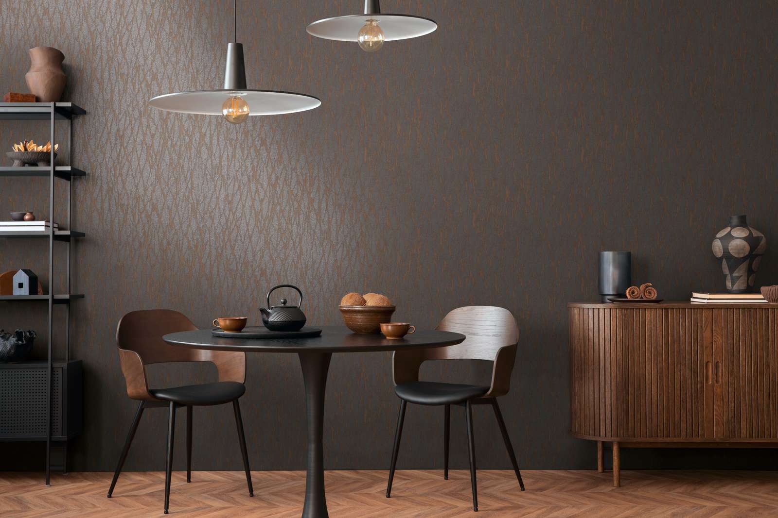 Tapetes ar abstraktu līniju rakstu tumši brūnos toņos, 395634 AS Creation