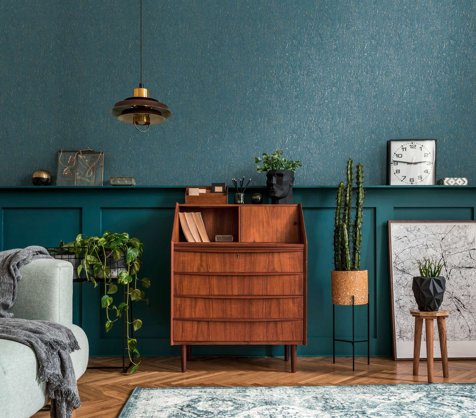 Tapetes ar apmetuma izskatu zilā krāsā ar zelta akcentiem, 395621 AS Creation