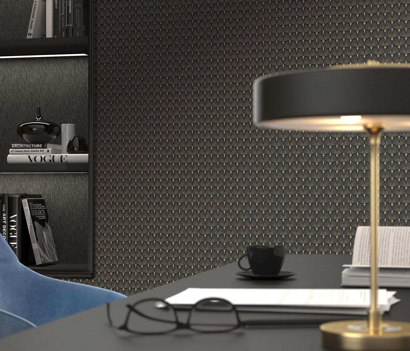 Tapetes ar Art Deco ornamentu: pāvu spalva melnā un zeltā, 1034615 Erismann