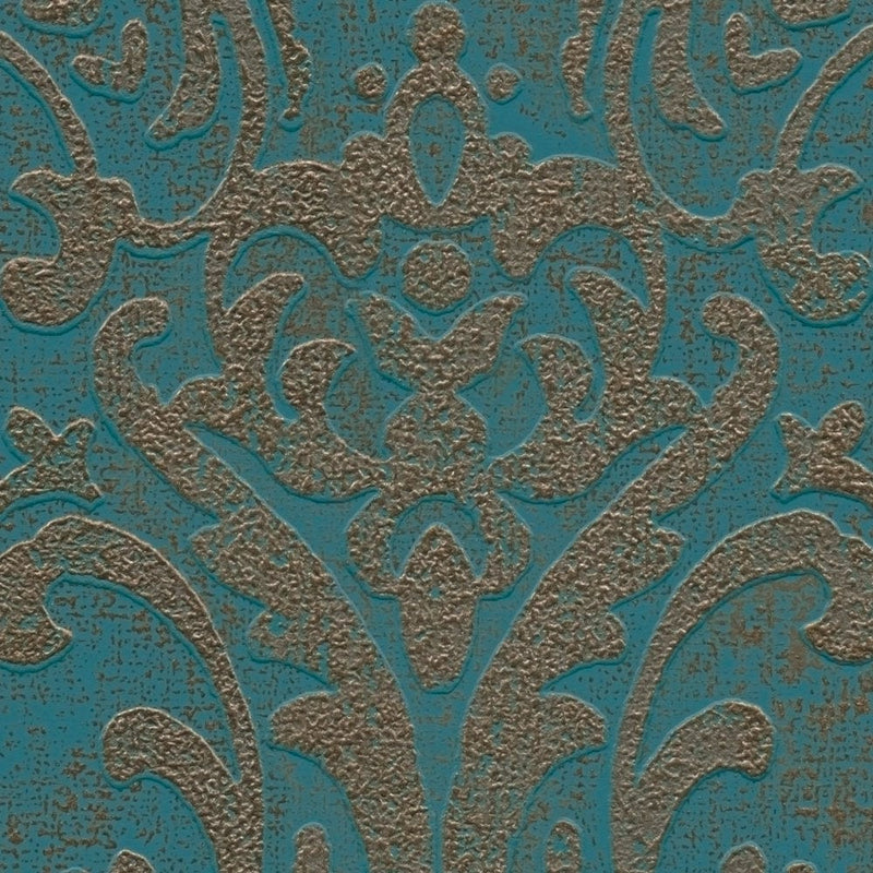 Tapetes ar baroka ornamentiem un metālisku izskatu, tirkīzā un zeltā - 1373724 AS Creation