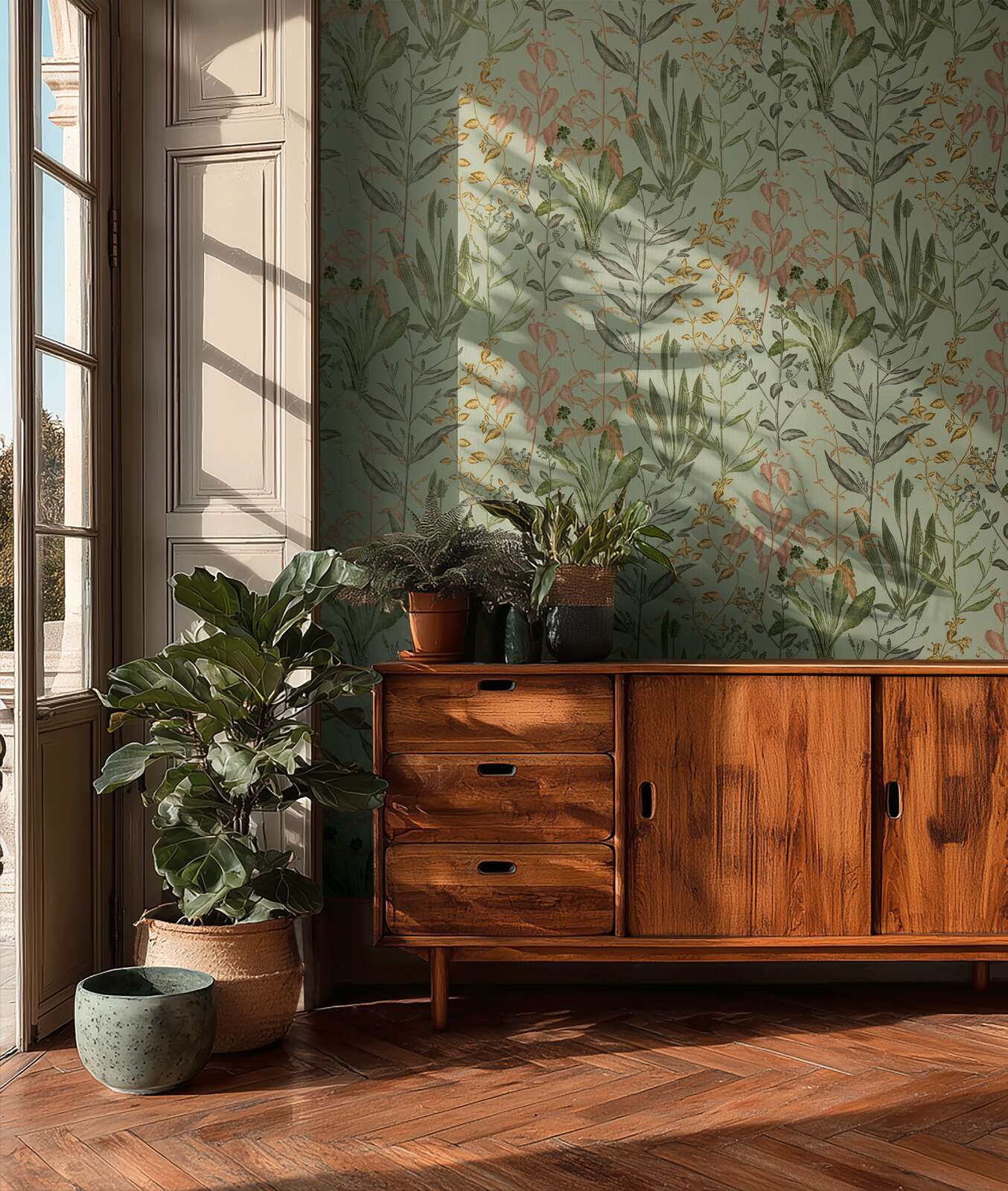 Zaļas un rozā tapetes ar botānisku augu un lapu motīvu romantiskā viesistabā. SKU: 3007115, AS Creation.