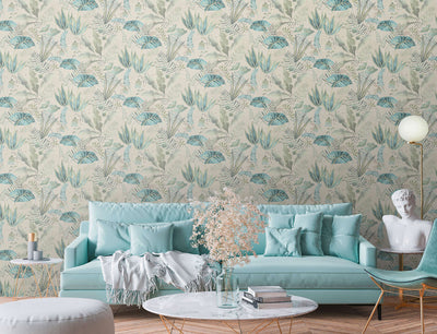 Wallpaper with different leaves: green, cream, turquoise, 1400414 AS Creation