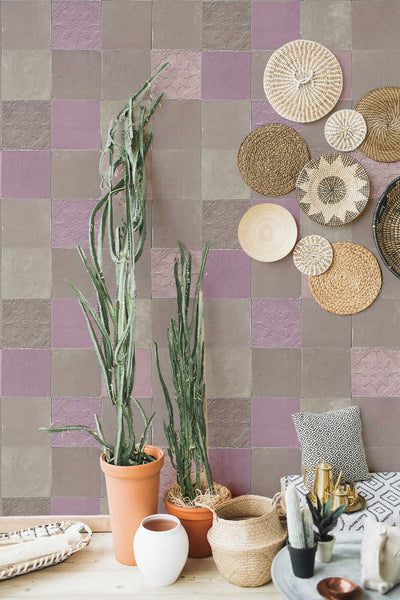 Tapetes ar dekoratīvām flīzēm, mozaīka – pelēka, violeta AS Creation