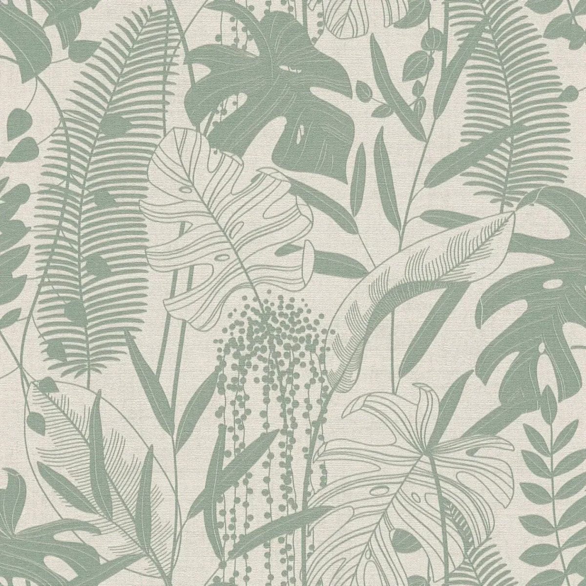 Zaļu un pelēku tapešu tuvplāns ar dekoratīvu lapu motīvu un smalku tekstūru. SKU: 3012132, AS Creation.