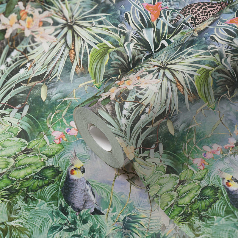 Tapetes ar papagaiļiem un ziediem džungļos - zaļā, pelēkā - 1351540 AS Creation