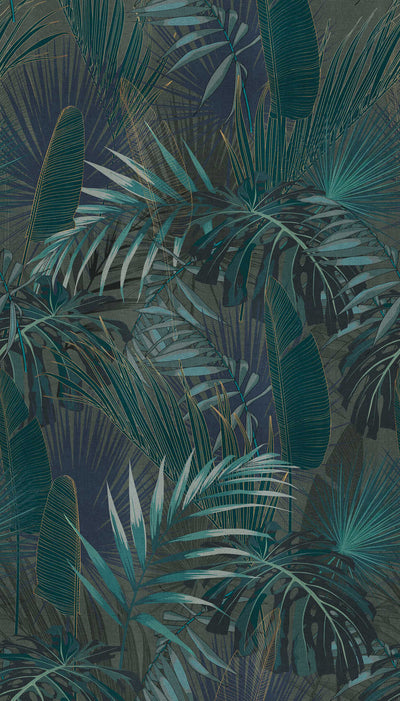 Tapetes ar džungļu lapu motīvu tumši zaļā krāsā, 1375173 AS Creation
