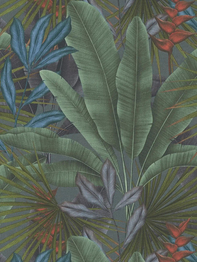 Tapetes ar džungļu lapu rakstu un krāsainiem akcentiem, 396471 AS Creation